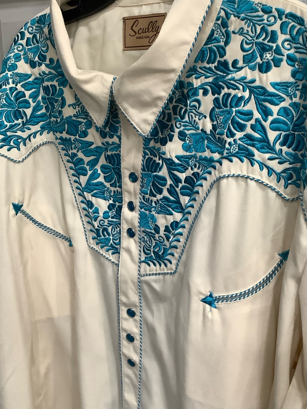 Scully Men’s Southwestern Teal Floral Embroidery Pearl Snap Shirt 4X - Picture 8 of 13